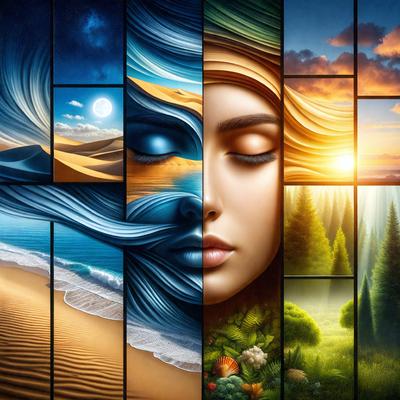 The primary subject of the image is a woman's face, which is depicted in various artistic styles. The setting is a combination of natural elements, such as trees and sand, and artistic elements, like paintings and drawings. The visual style is a mix of digital art, illustration, and drawing, creating a unique and intriguing composition. The colors and mood of the image are predominantly warm and inviting, with the woman's face being the central focus of the artwork.